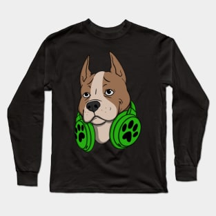 Pitbull Dog Green Headphones Long Sleeve T-Shirt